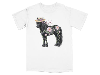 Black horse with floral designs wearing a straw hat on a white t-shirt.