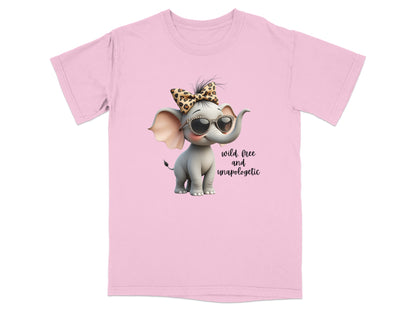 Cute cartoon elephant wearing sunglasses and bow on pink t-shirt with text.
