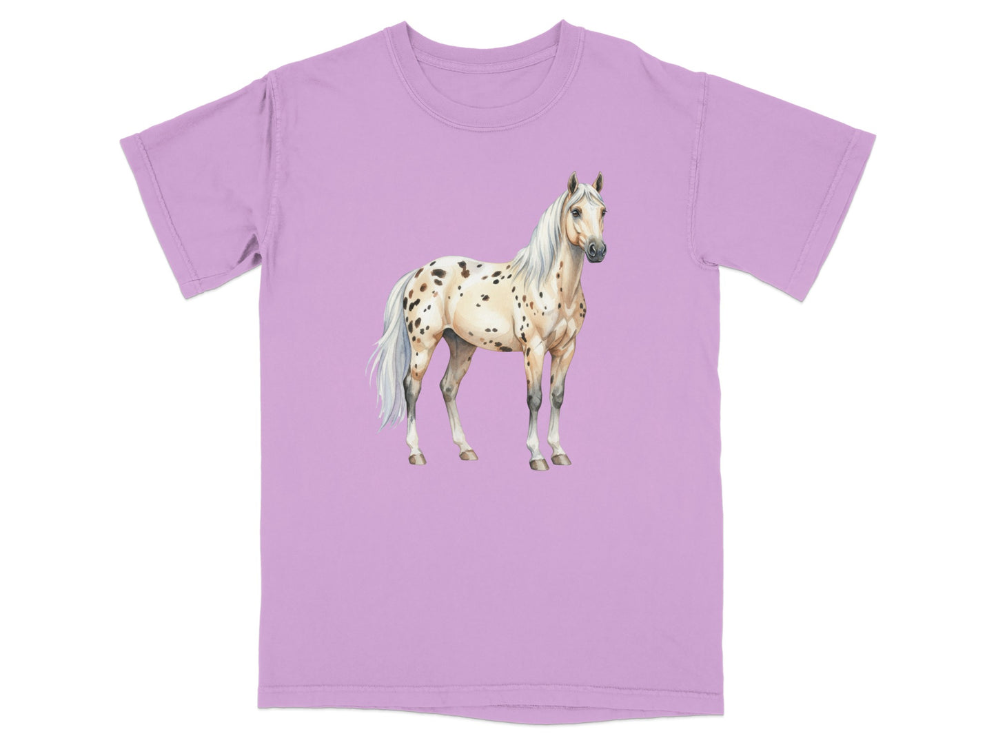 Lavender t-shirt with a white and spotted horse illustration.