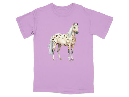 Lavender t-shirt with a white and spotted horse illustration.