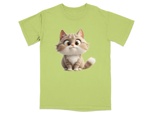 Animated light green t-shirt featuring a cartoon cat with large eyes.