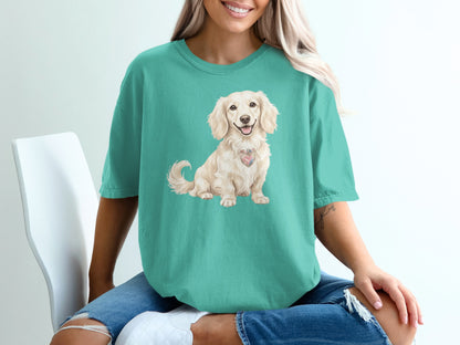 Cream dachshund wearing pink heart collar on teal t-shirt.