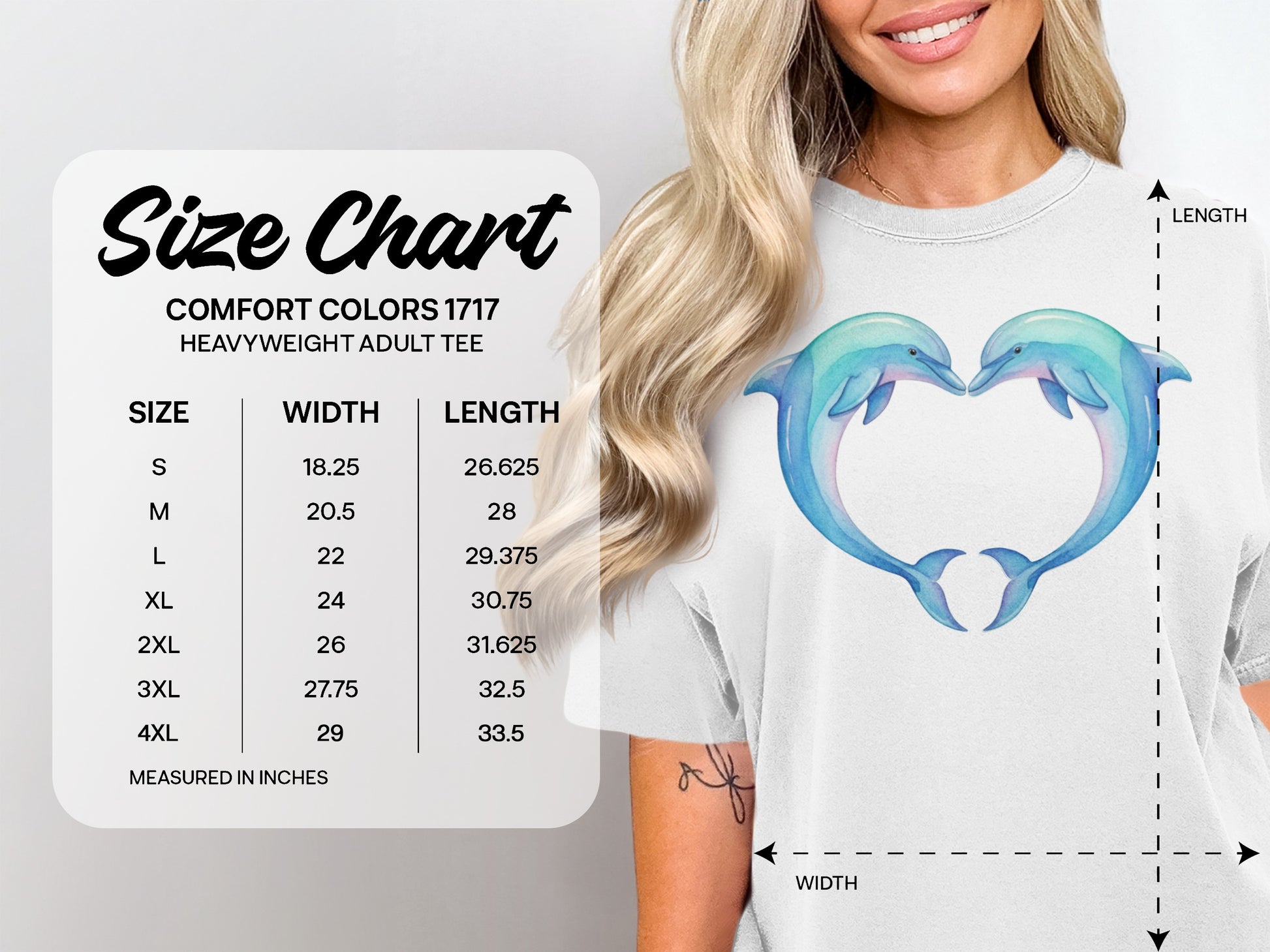 Comfort Colors 1717 heavyweight adult tee size chart with width and length in inches.