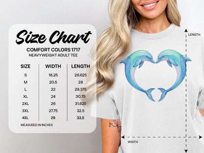 Comfort Colors 1717 heavyweight adult tee size chart with width and length in inches.