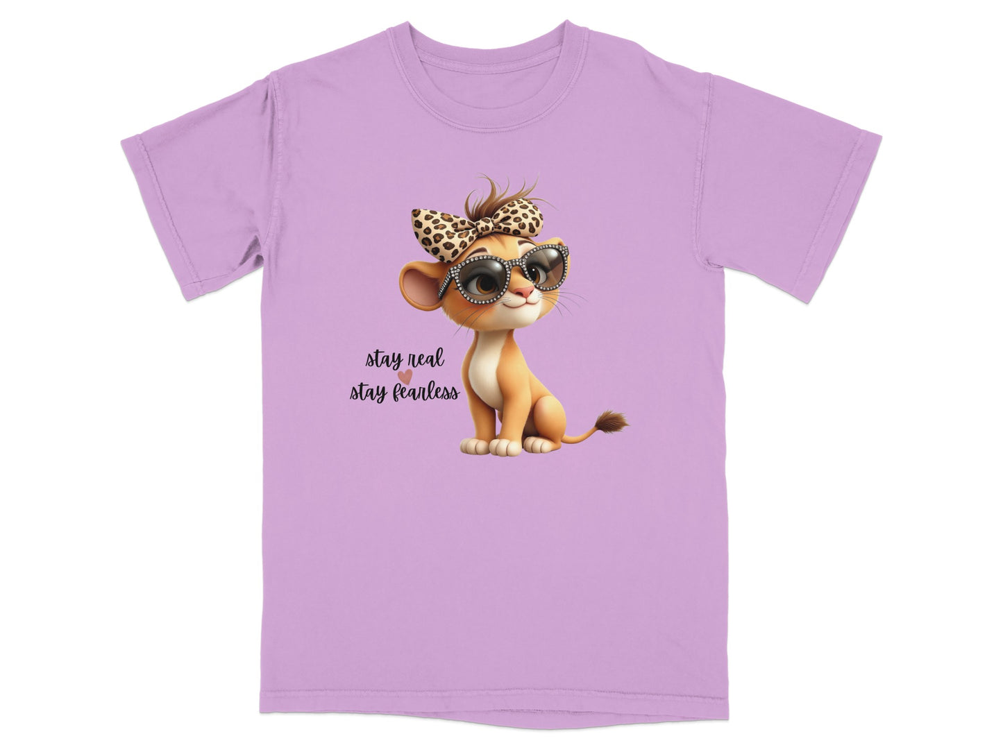 Lavender t-shirt with a cartoon lion cub wearing sunglasses and a leopard print bow.