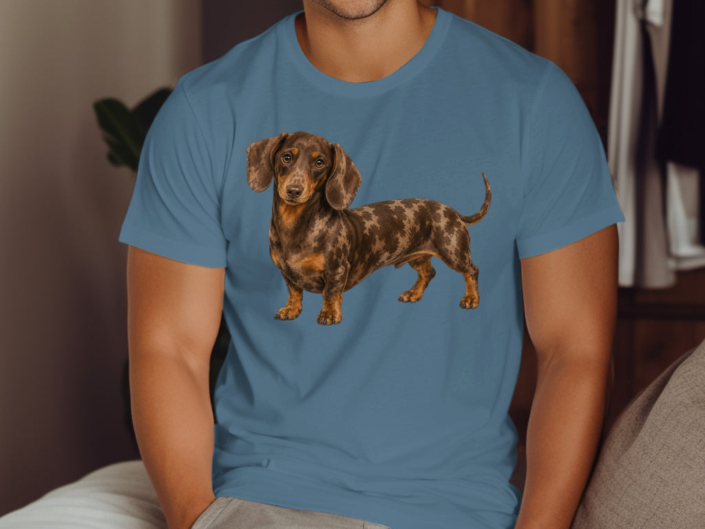 Dachshund on blue t-shirt with brown markings, standing.