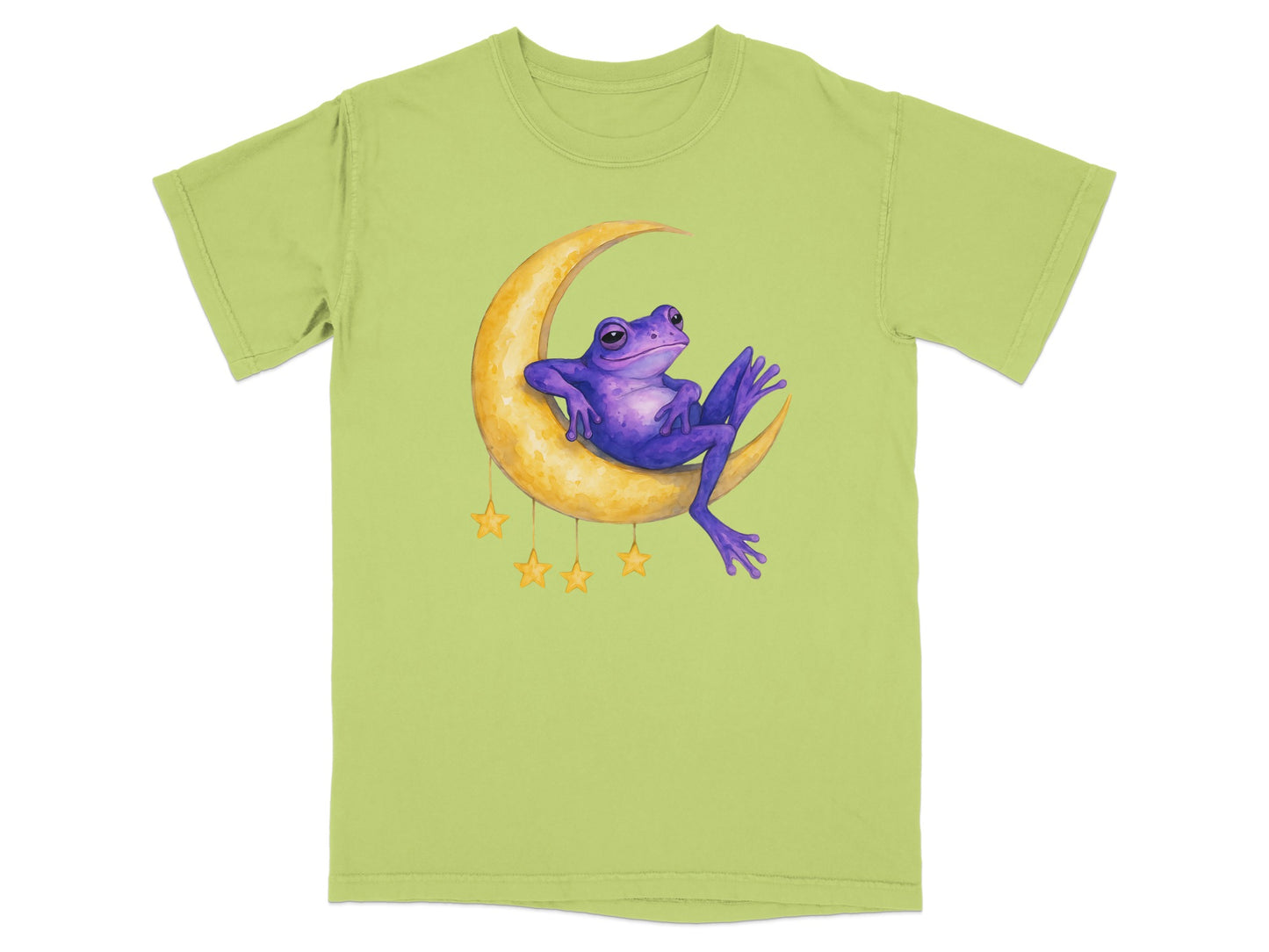 Purple frog sitting on a crescent moon with hanging stars.