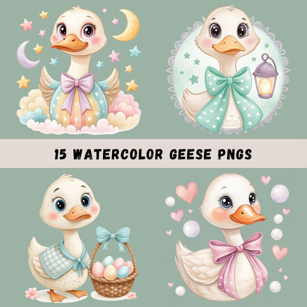 Watercolor Geese Clipart Bundle | 15 Transparent PNG Designs