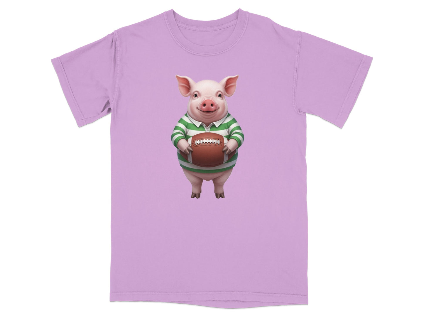 Lilac t-shirt with a cartoon pig holding a rugby ball.
