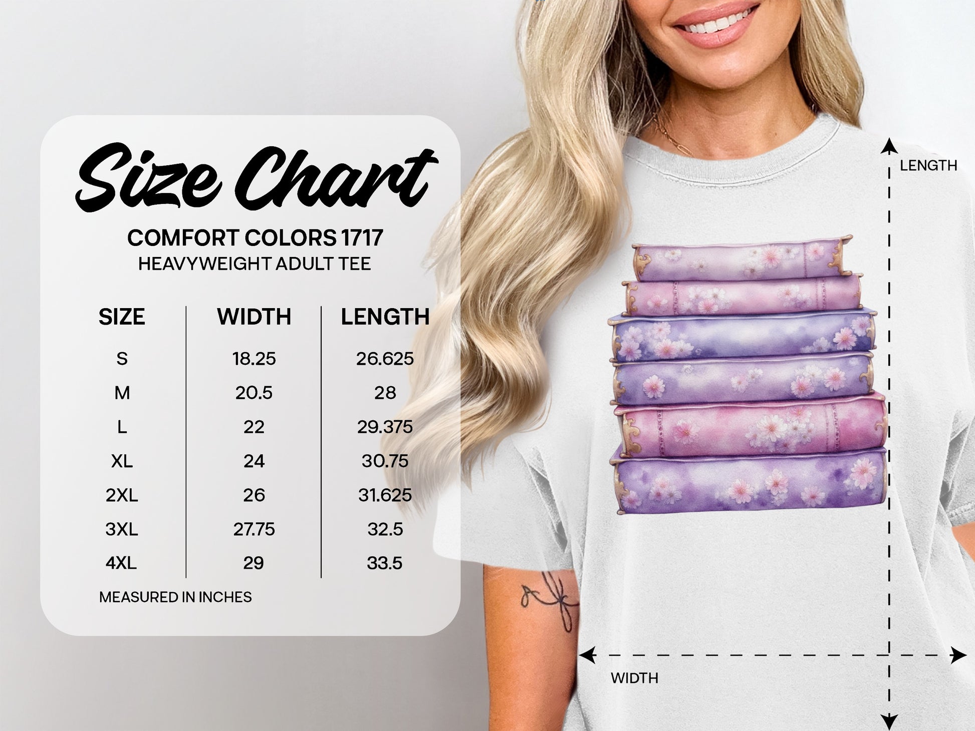 Size chart for Comfort Colors 1717 heavyweight adult tee in inches.