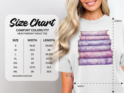 Size chart for Comfort Colors 1717 heavyweight adult tee in inches.