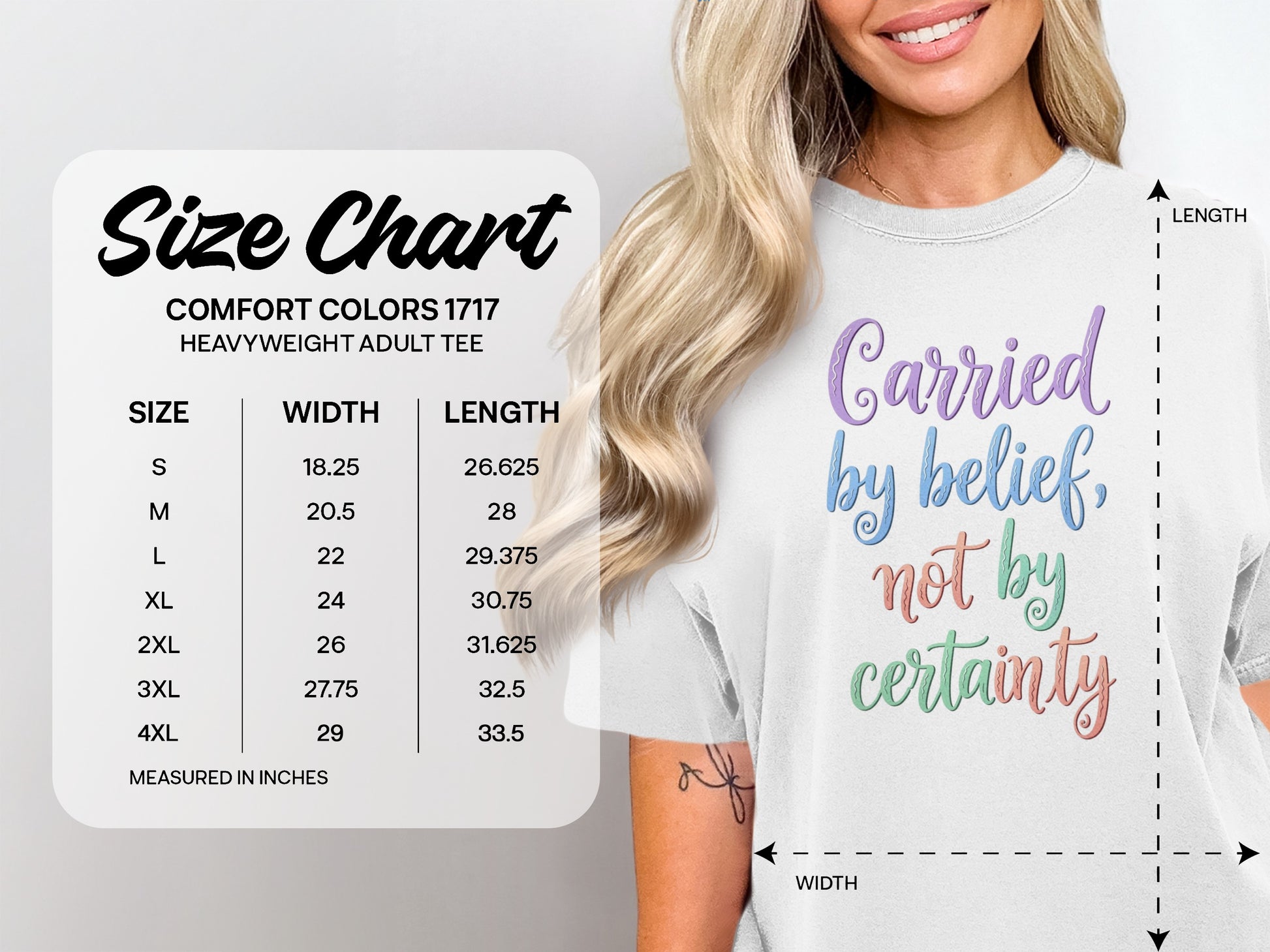 Comfort Colors 1717 heavyweight adult tee size chart with width and length measurements.