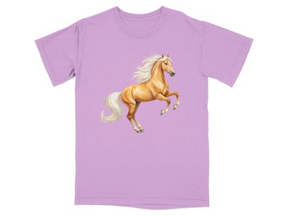 Pale purple t-shirt with a rearing palomino horse illustration.