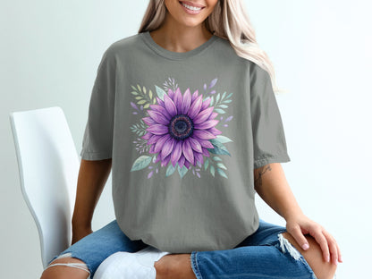 Gray t-shirt with a purple sunflower and green leaves design.