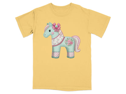 Yellow t-shirt with a cartoon horse illustration in pink, blue, and green.