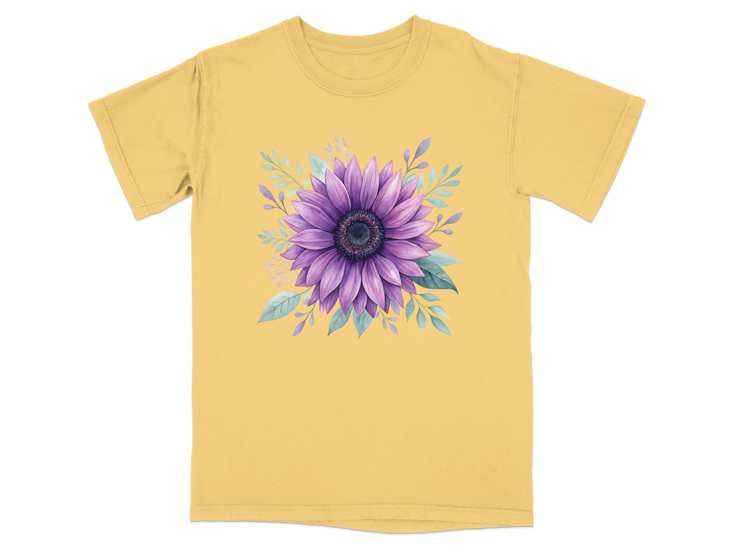 Yellow t-shirt with a purple sunflower and green leaves design.