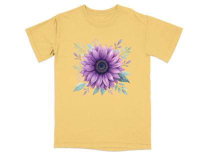 Yellow t-shirt with a purple sunflower and green leaves design.