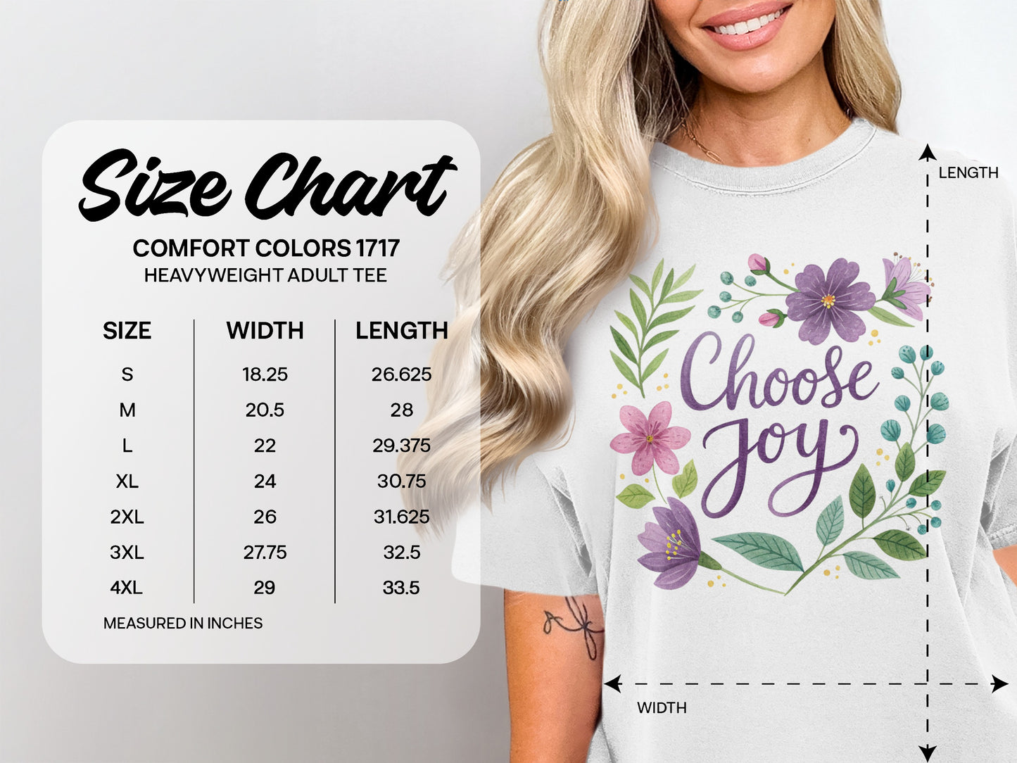 Comfort Colors 1717 heavyweight adult tee size chart with "Choose Joy" graphic.