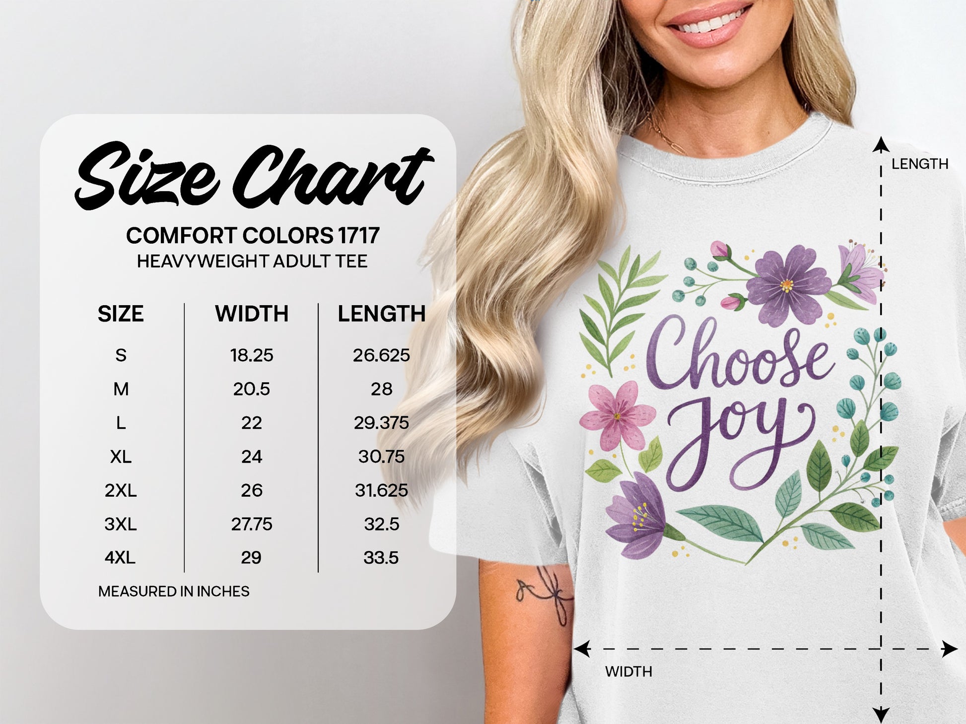 Comfort Colors 1717 heavyweight adult tee size chart with "Choose Joy" graphic.