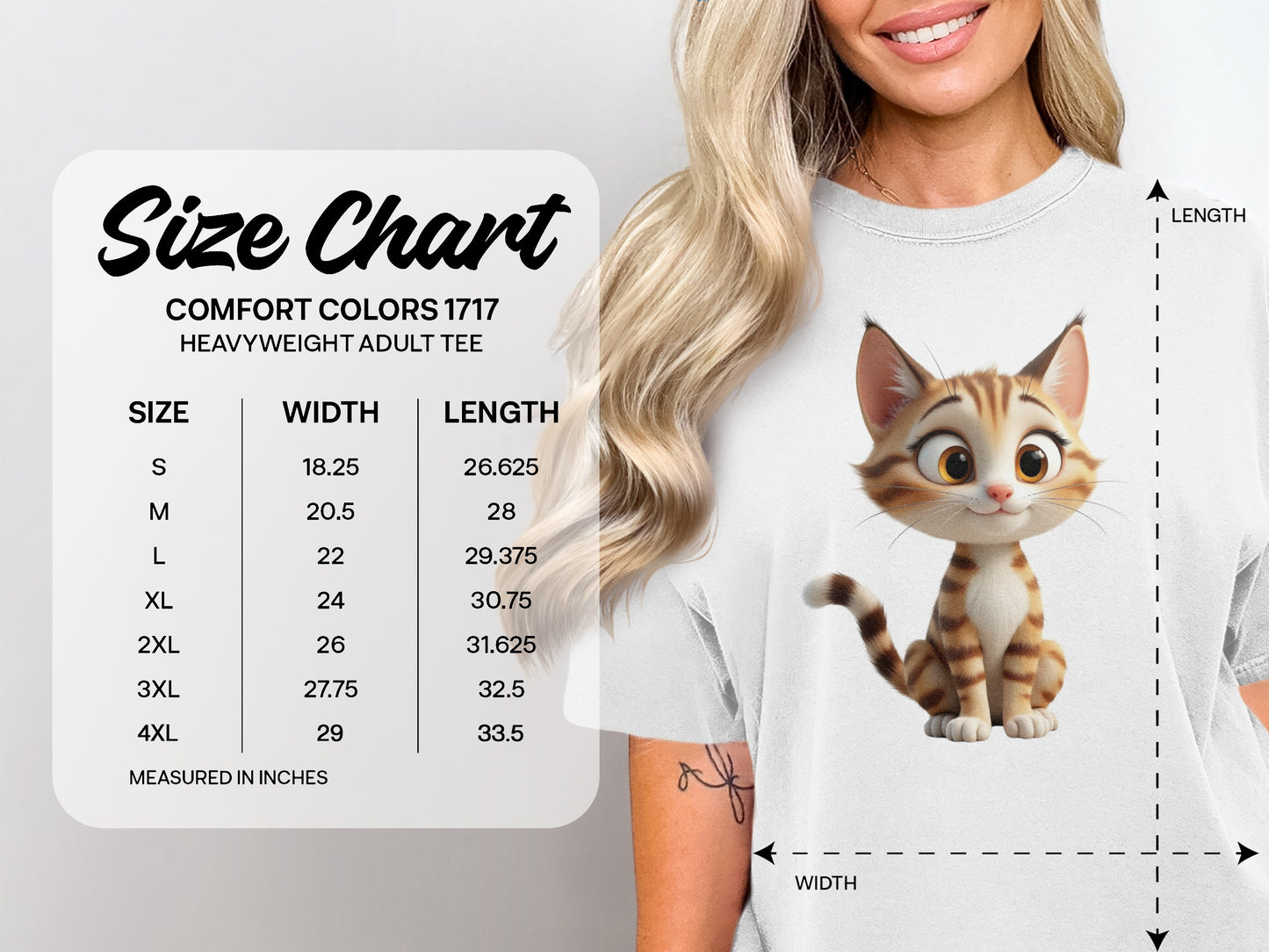 Size chart for Comfort Colors 1717 heavyweight adult tee with cartoon cat.