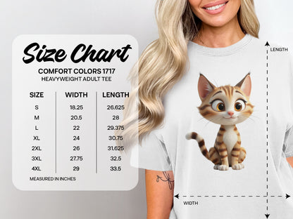 Size chart for Comfort Colors 1717 heavyweight adult tee with cartoon cat.