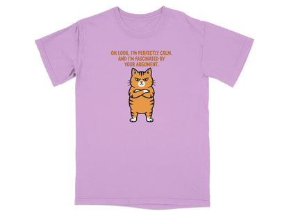 Lilac t-shirt with grumpy cat and sarcastic text about argument.