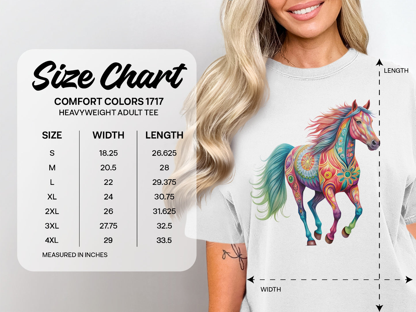 Size chart for Comfort Colors 1717 heavyweight adult tee with measurements.