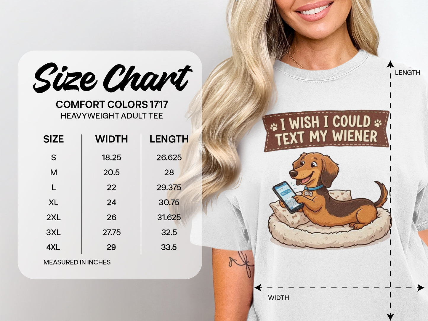 Size chart for heavyweight adult tee with dachshund graphic.