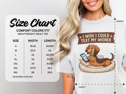 Size chart for heavyweight adult tee with dachshund graphic.