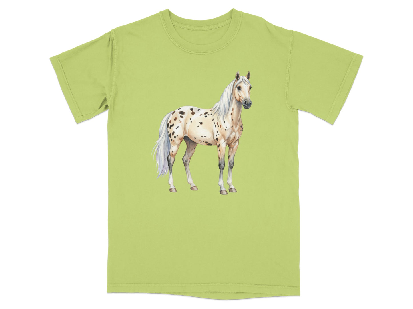 Light green t-shirt with a watercolor painting of a spotted Appaloosa horse.
