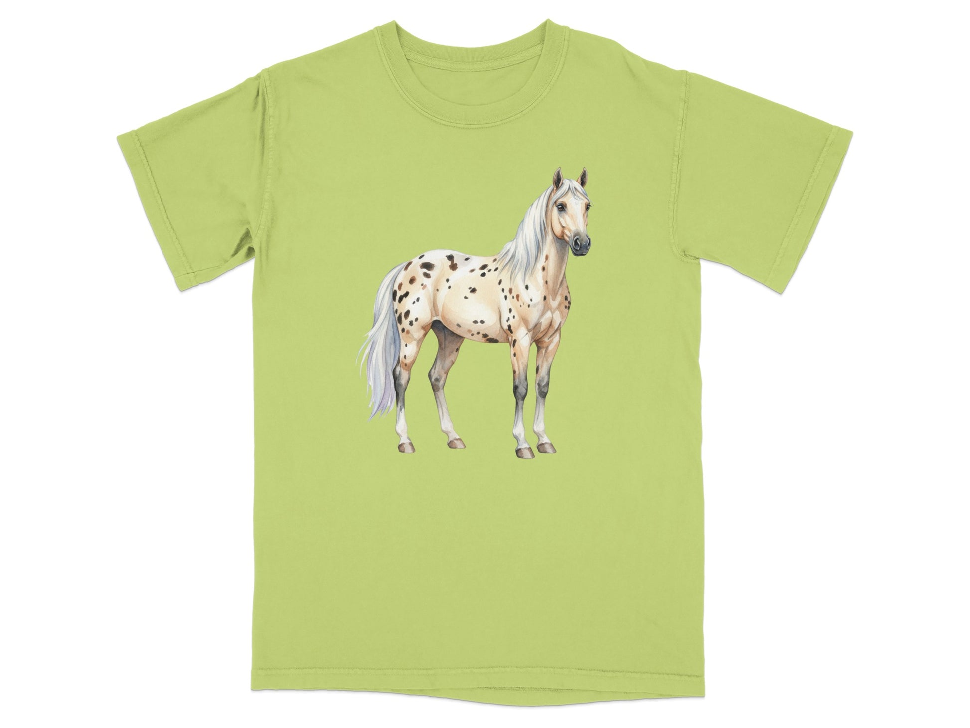 Light green t-shirt with a watercolor painting of a spotted Appaloosa horse.