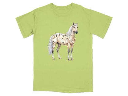 Light green t-shirt with a watercolor painting of a spotted Appaloosa horse.