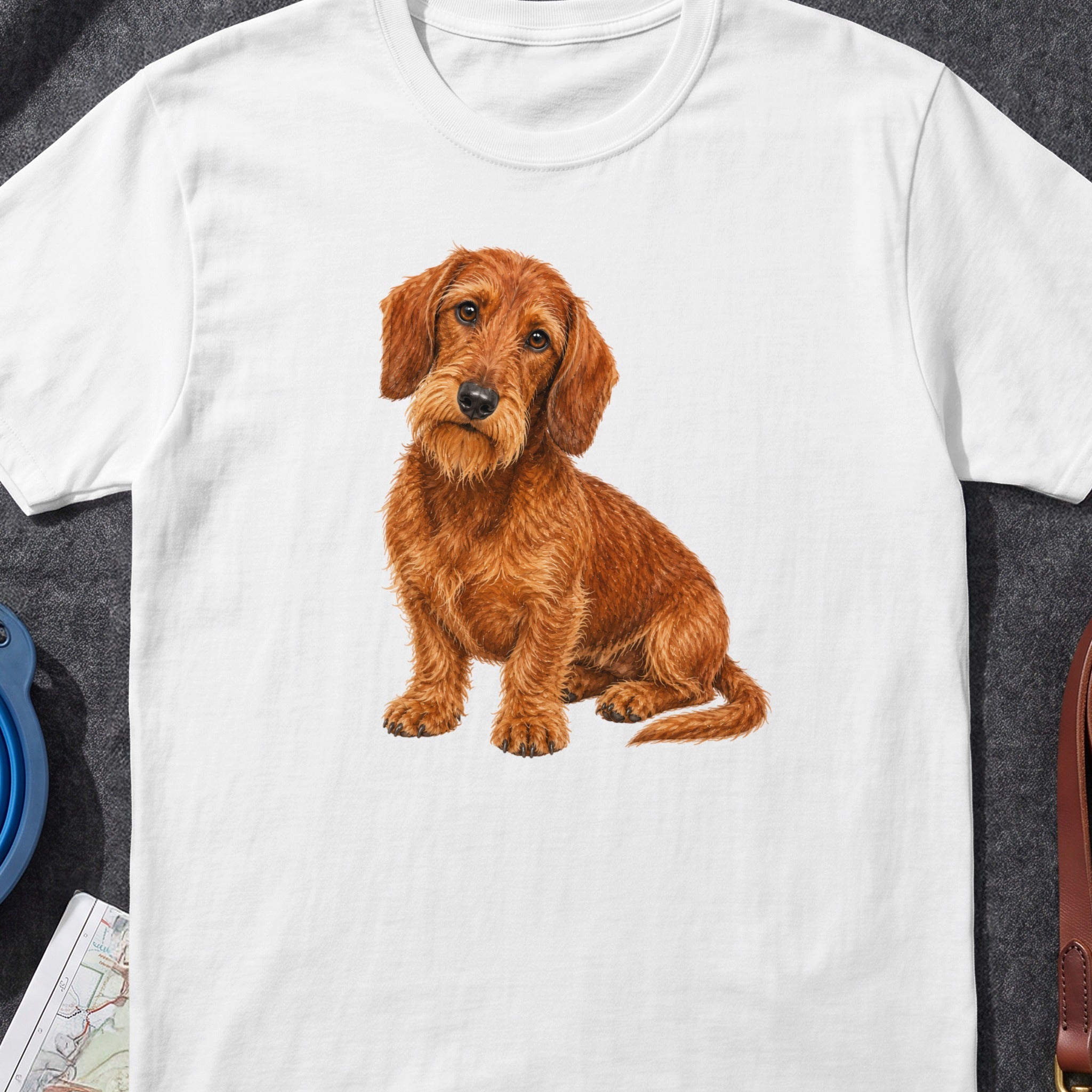 White t-shirt featuring a detailed illustration of a wirehaired dachshund dog.