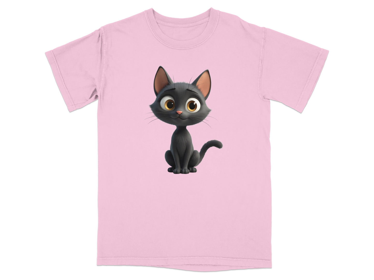 Cartoon black cat with large eyes on a pink t-shirt.