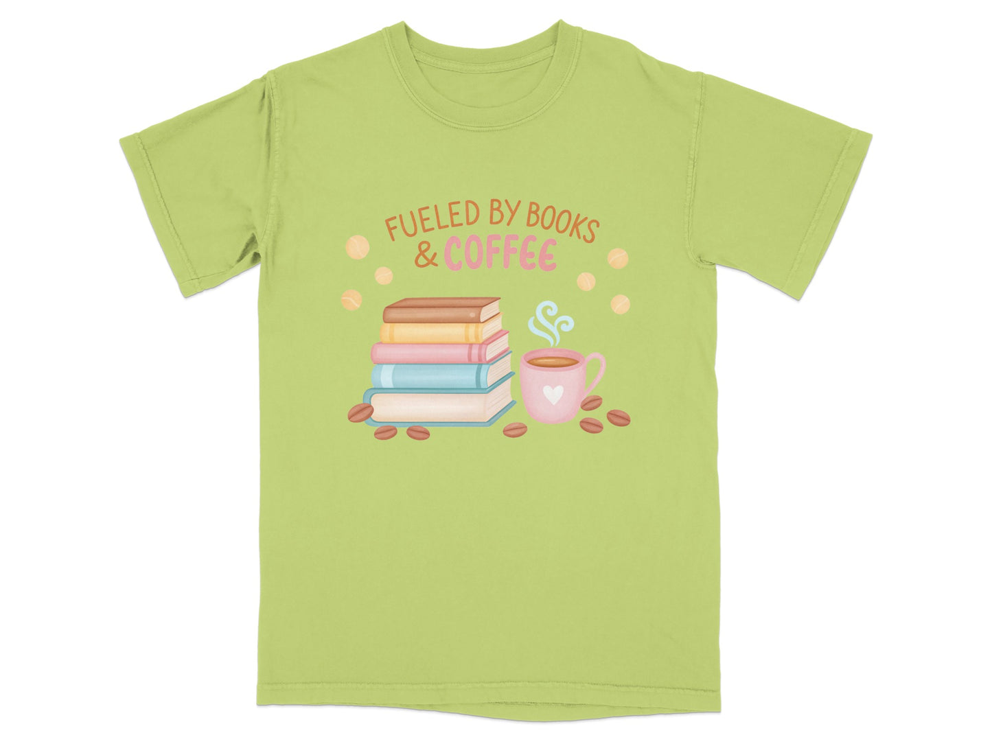 T-shirt with stack of books, coffee cup, and text "Fueled by Books & Coffee".