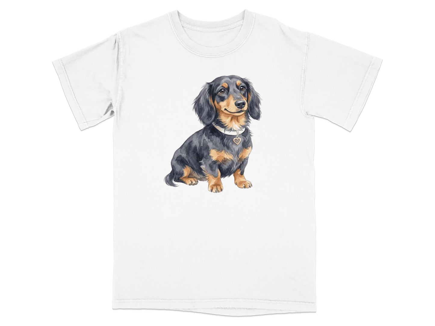 T-shirt featuring a watercolor illustration of a black and tan dachshund wearing a heart-shaped tag.