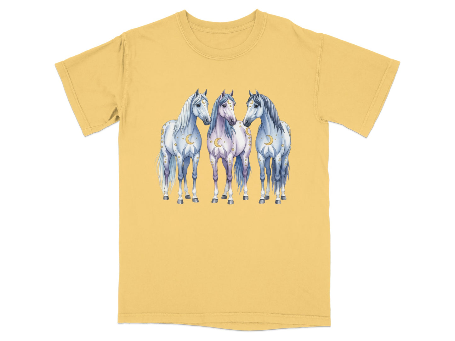 Three white horses with flowing manes and celestial moon accents.