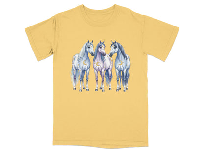 Three white horses with flowing manes and celestial moon accents.