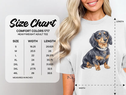Comfort Colors 1717 heavyweight adult tee size chart with dachshund.