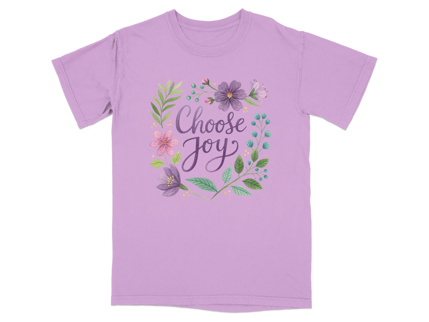 Lavender t-shirt with a floral wreath and "Choose Joy" text.