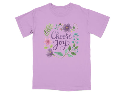 Lavender t-shirt with a floral wreath and "Choose Joy" text.