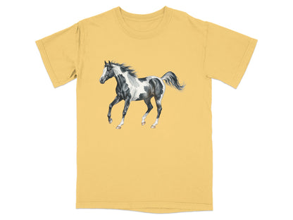 Yellow t-shirt with a black and white watercolor horse graphic.