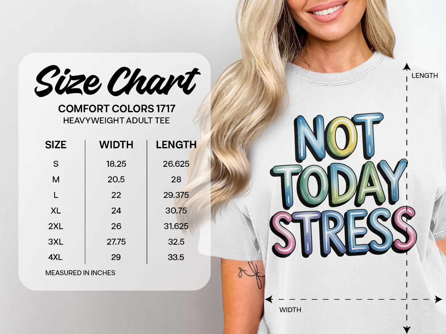 Size chart for heavyweight adult tee with "Not Today Stress" graphic.