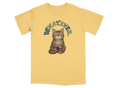 Yellow t-shirt with a cartoon cat and the word "WHATEVER".