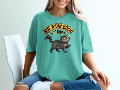 Woman wearing teal t-shirt with a cartoon cat and "NOT TODAY BITCH! NOT TODAY!" text.