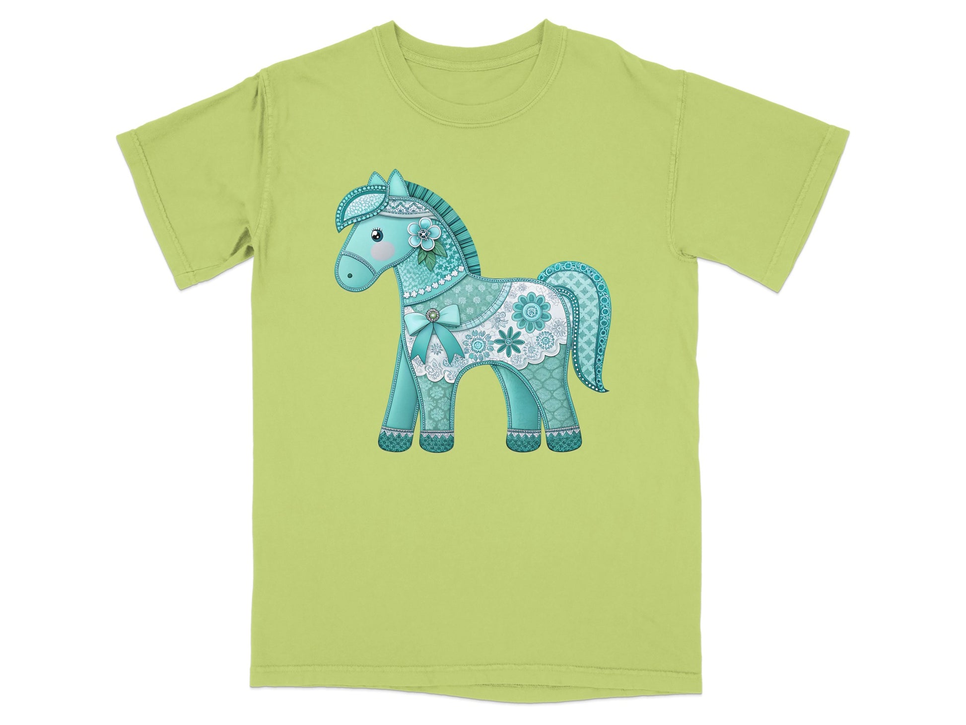 Light green t-shirt with a teal and white cartoon horse design.