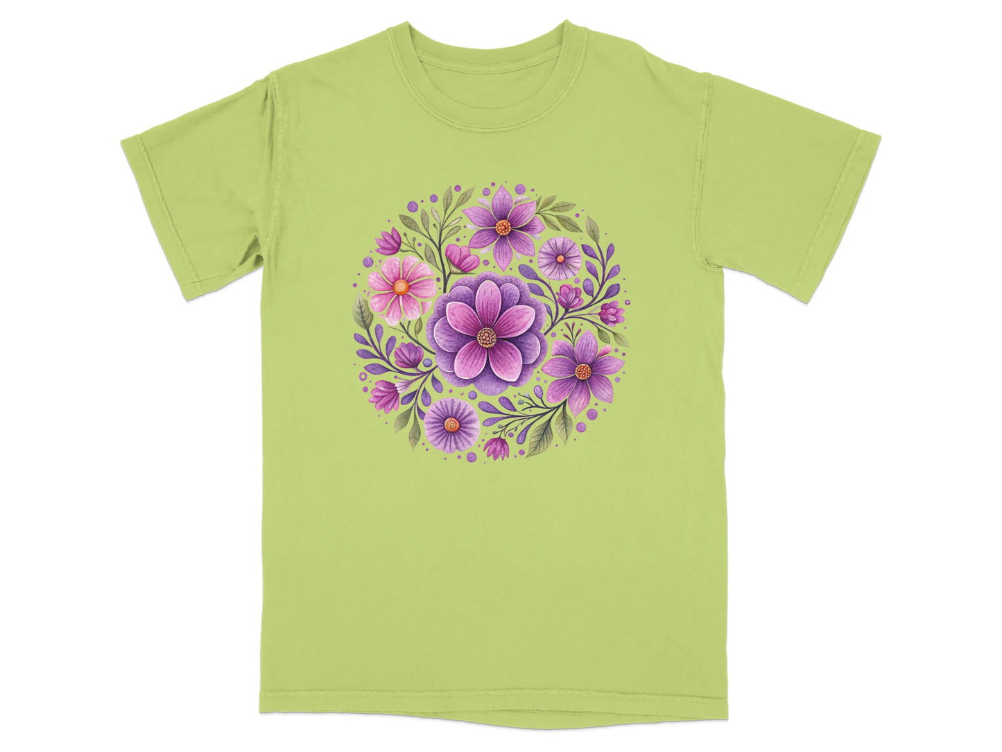 Green t-shirt with a circular floral design of pink and purple flowers.