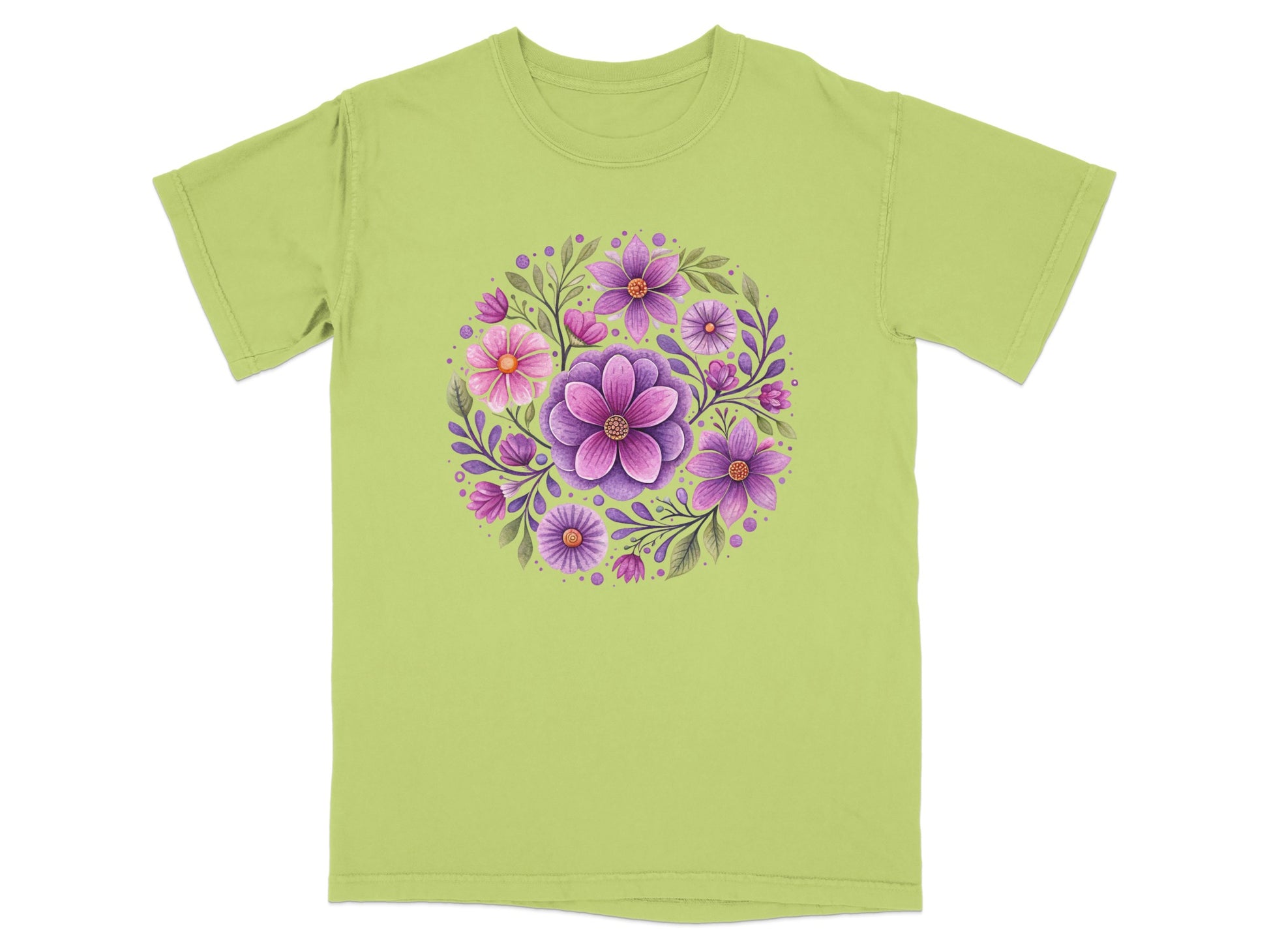 Green t-shirt with a circular floral design of pink and purple flowers.