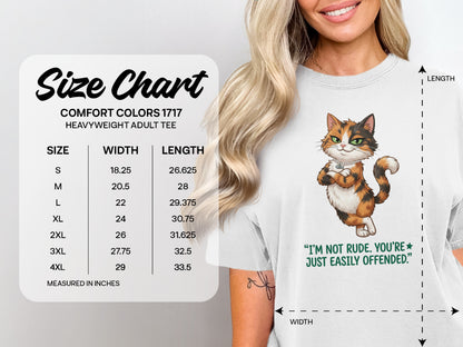 Comfort Colors 1717 heavyweight tee size chart with cat graphic.
