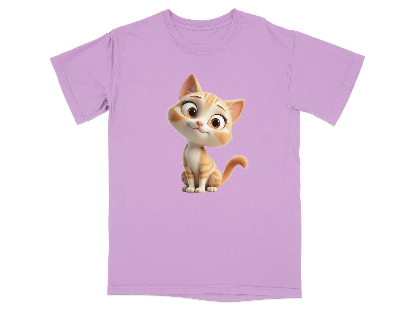 Lilac t-shirt with a cartoon ginger cat sitting and smiling.
